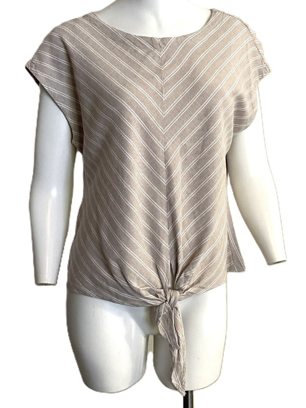 Charlie B Tie Front Blouse Small Linen Blend Top Tan Stripe Boho Lightweight